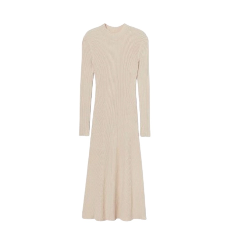 H&M Rib Knit Long Sleeve Midi Dress M Beige